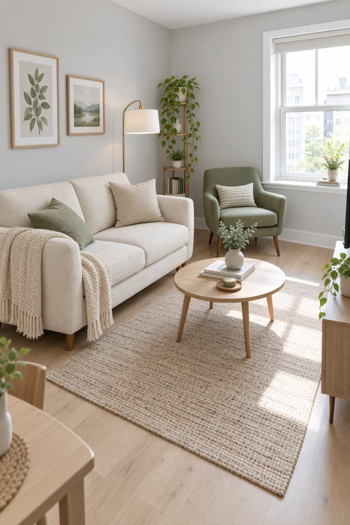 Small living room with sage green accent chair and grey walls