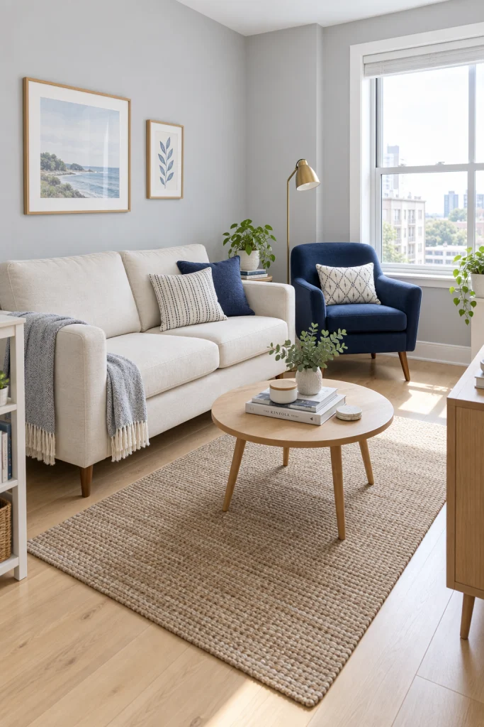 Small living room with navy blue accent chair and grey walls