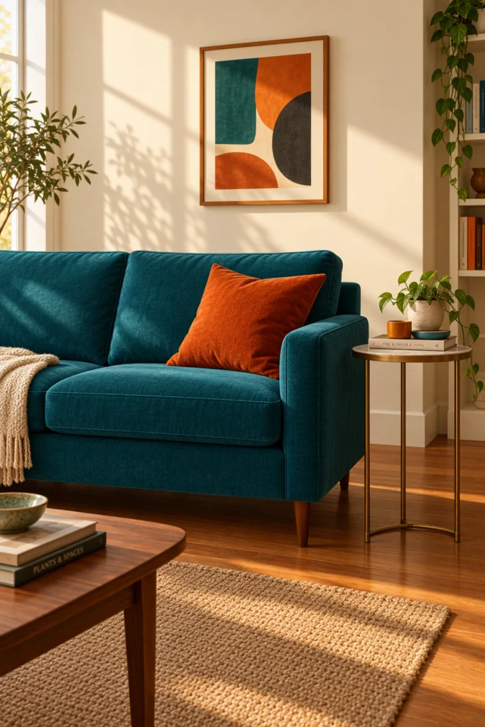 Teal sofa with burnt orange accent pillow for bold color contrast