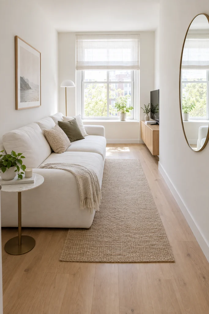 White couch in a small living room layout that makes the space feel bigger