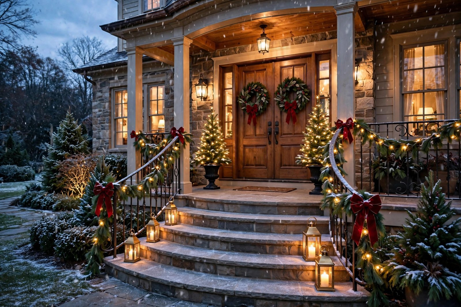 Front porch Christmas decor ideas that make a merry first impression — lit garland, wreaths, mini trees and lanterns at dusk