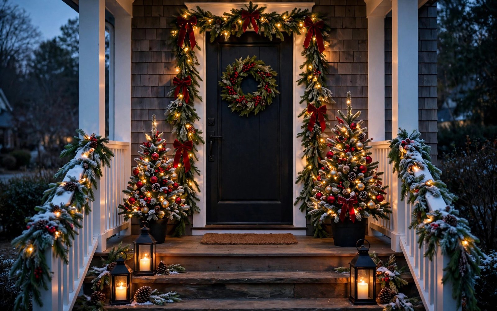A welcoming front porch at dusk decorated for Christmas, black front door framed by a lit fir garland with red velvet bows, stair railings wrapped in snowy greenery, two ornament-covered mini trees, black lanterns glowing on the steps, wreath with red berries