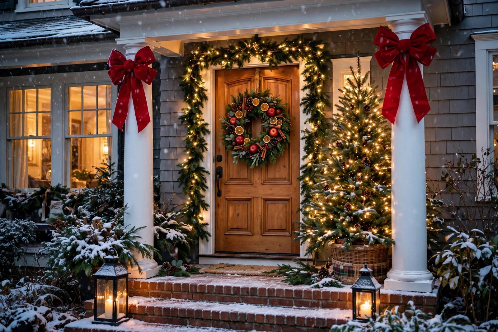 Front porch Christmas decor ideas for the warmest welcome on the block — lit garland, fruit wreath, red bows and lanterns at dusk