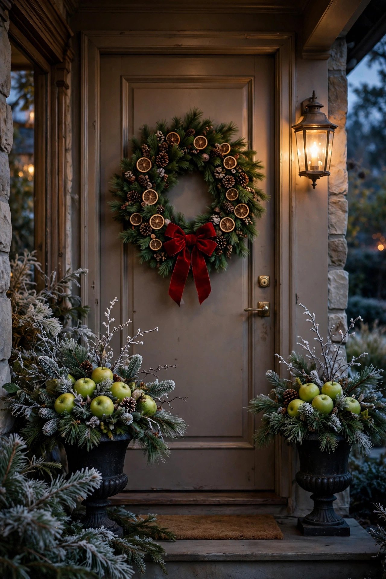 Front porch at dusk with a taupe door wearing a full pine Christmas wreath dotted with dried orange slices and pinecones, a red velvet bow, two iron urns with green apples, pine and frosted branches, warm lantern glow