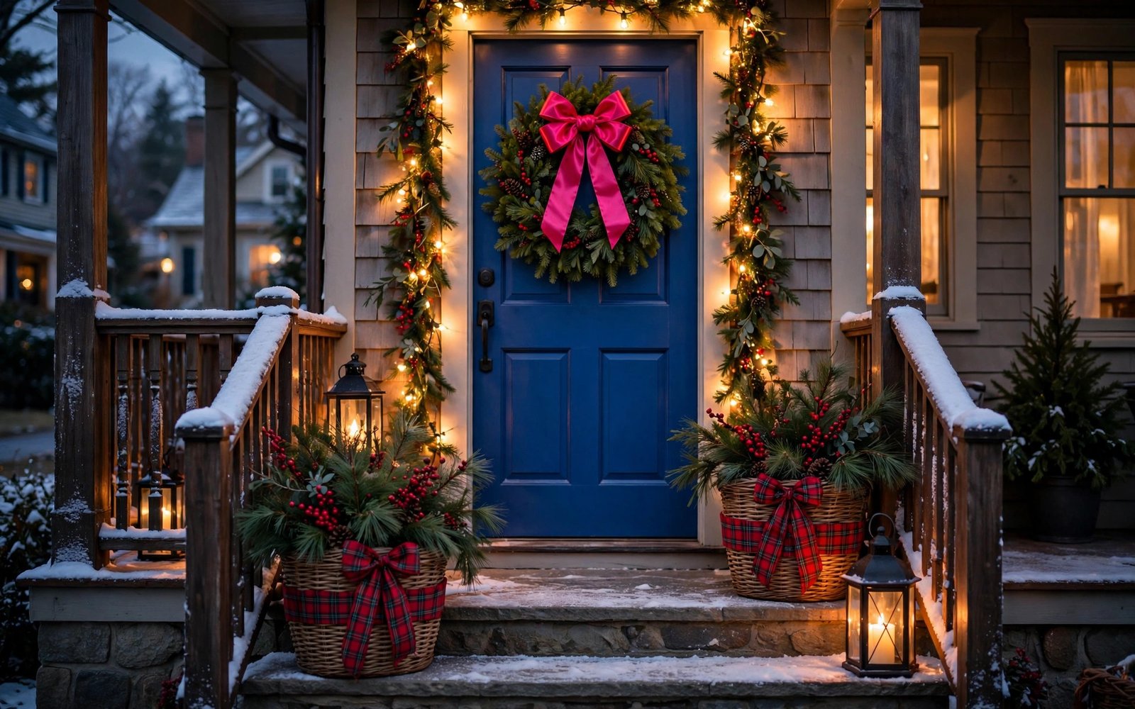 A festive front porch at dusk on a charming home, a cobalt blue door with a fresh fir wreath and hot pink satin bow, red plaid ribbon on wicker baskets of pine and red berries flanking the steps, glowing lanterns, lit garland framing the door, snow dusting the railings