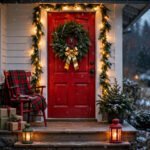 A front porch at dusk with a red door, full green wreath with a shiny gold ribbon bow, warm garland lights framing the door, red painted chair with a plaid throw and wrapped gifts, red and green lanterns glowing on the step, light snow