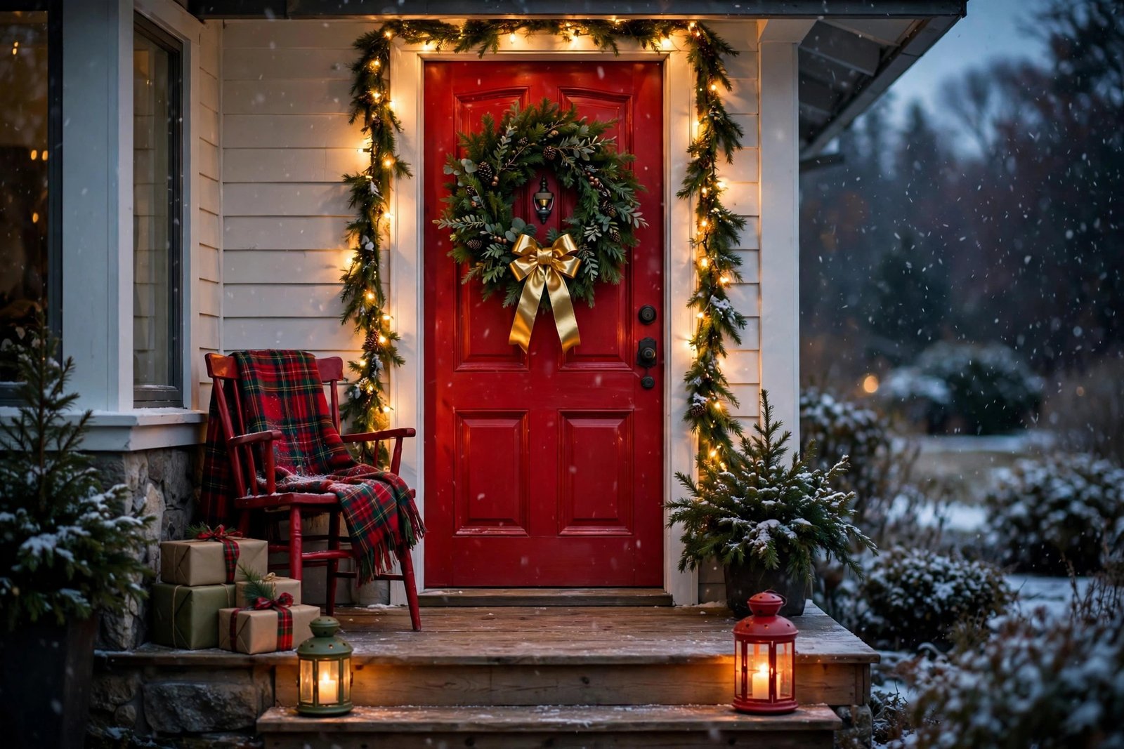 A front porch at dusk with a red door, full green wreath with a shiny gold ribbon bow, warm garland lights framing the door, red painted chair with a plaid throw and wrapped gifts, red and green lanterns glowing on the step, light snow