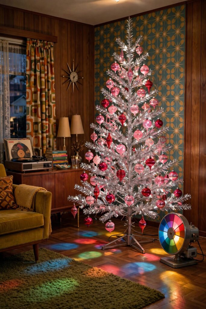 Silver aluminum Christmas tree with pink glass ornaments and a rotating color wheel casting colored light