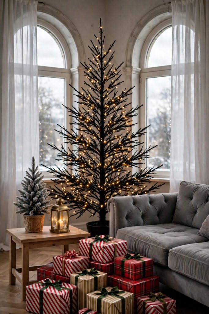 Bare black Christmas tree with warm lights between two arched windows, pile of gifts in candy-stripe paper, red plaid and gold stripes with green bows, white sheer curtains, grey tufted sofa, small side table with a frosted mini tree and a lantern