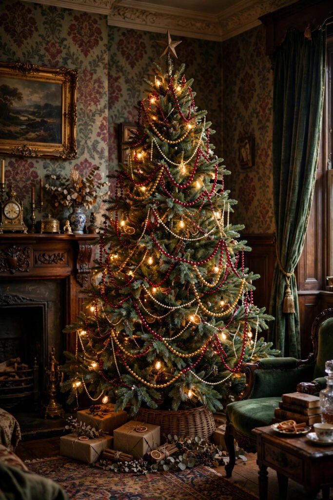 Vintage Christmas tree with ruby and gold glass bead garlands and pearl chains draped loosely
