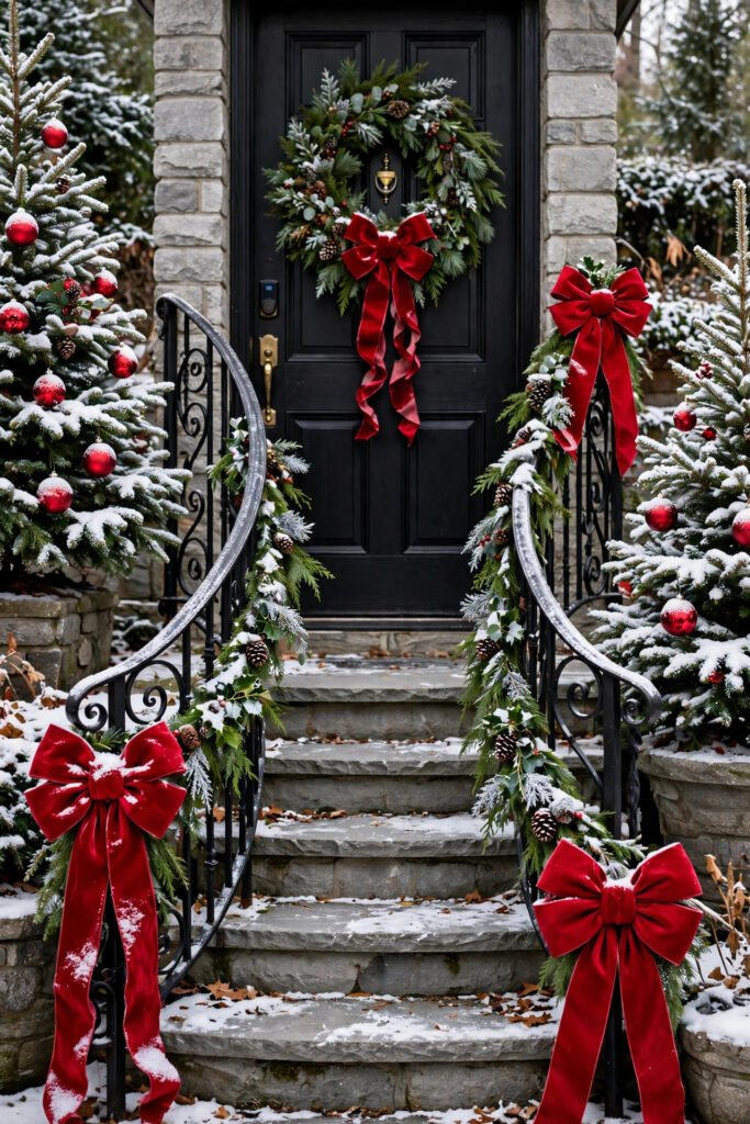 Curved iron stair railings with fresh garland and oversized red velvet bows at the top and bottom, snow-dusted trees with red ornaments on each side, black door with wreath and matching bow
