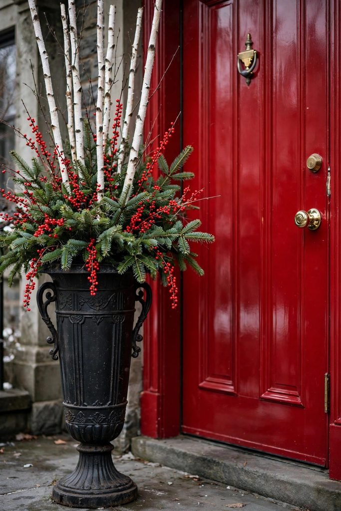 Iron urn filled with white birch branches, fir greens and red winterberry stems beside a glossy red front door