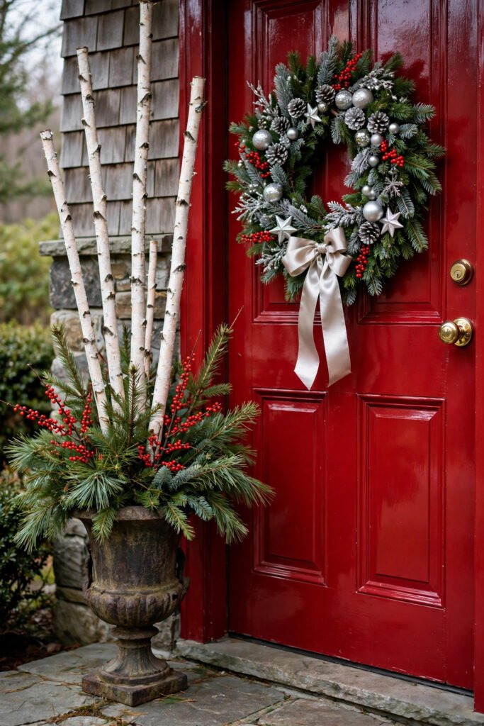 Old iron urn beside a glossy red door holding fresh pine, red winterberry stems and tall white birch poles, wreath with silver ornaments and a satin bow