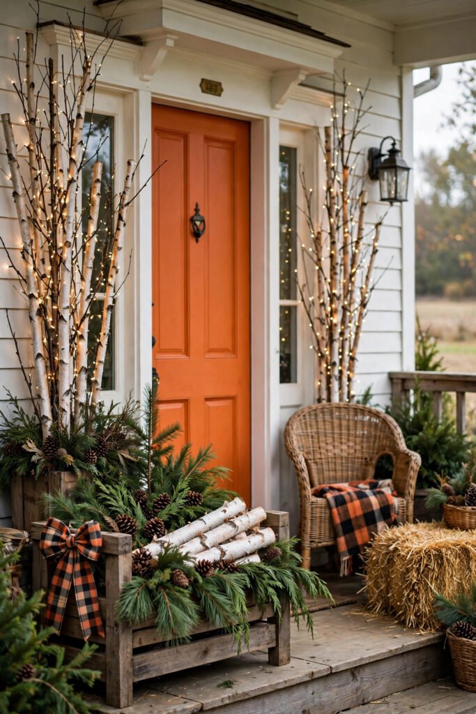 Farmhouse porch with wooden planters of evergreen boughs, pinecones and white birch logs, tall birch branches wrapped in fairy lights, orange door, plaid bows, hay bale and wicker chair