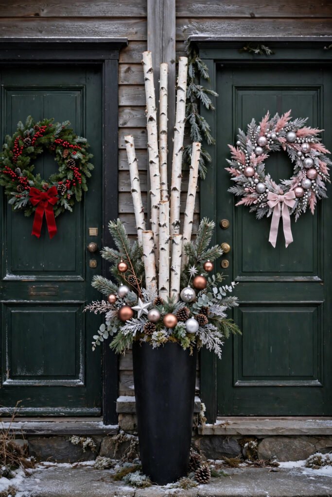 Tall black planter between two neighboring front doors holding pine branches, white, copper and silver ornaments and tall birch logs, a red wreath on one door and a pink and silver wreath on the other