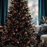 A full black Christmas tree with hundreds of warm white lights, copper balls, open geometric wire ornaments and matte black balls, black tree skirt, living room with teal curtains and soft window light, glowing warm atmosphere