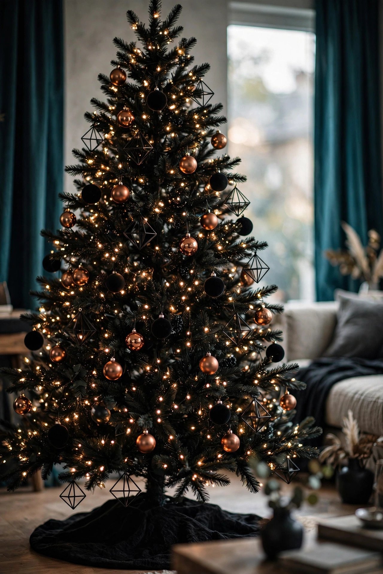 A full black Christmas tree with hundreds of warm white lights, copper balls, open geometric wire ornaments and matte black balls, black tree skirt, living room with teal curtains and soft window light, glowing warm atmosphere