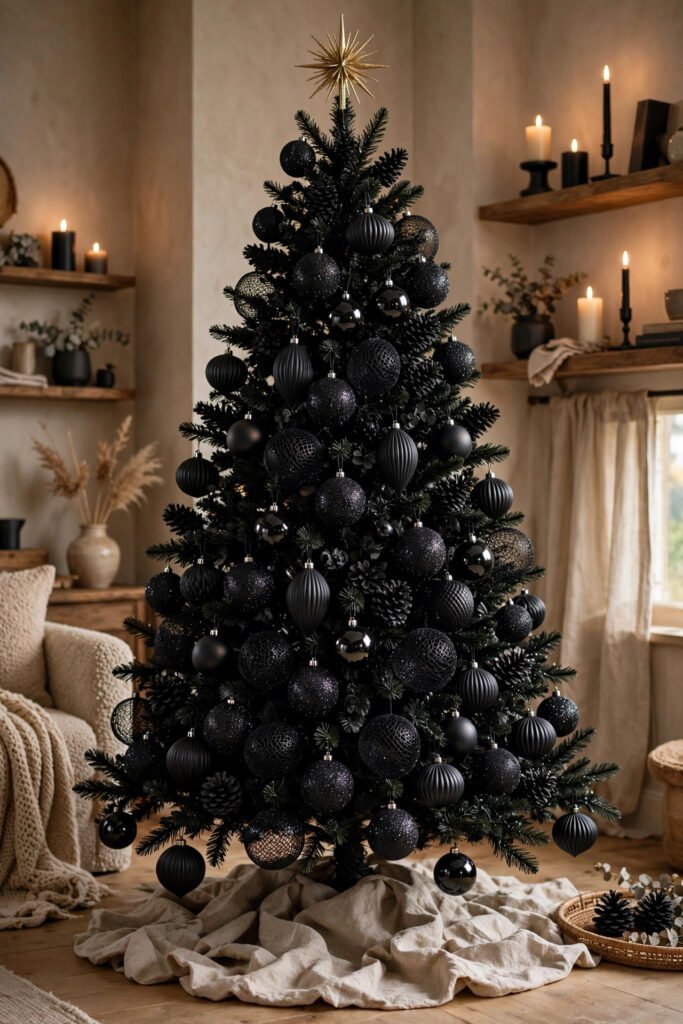 All-black Christmas tree with glitter balls, ribbed matte shapes, glossy balls, mesh spheres and black pinecones, gold starburst topper, crumpled linen tree skirt, candles on shelves nearby