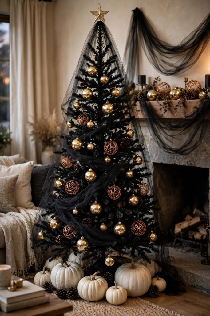 Black Christmas tree draped in black tulle like a veil from the star down, gold mercury glass balls, copper wire spheres, pinecones, tulle swooping across the mantel, white pumpkins at the base