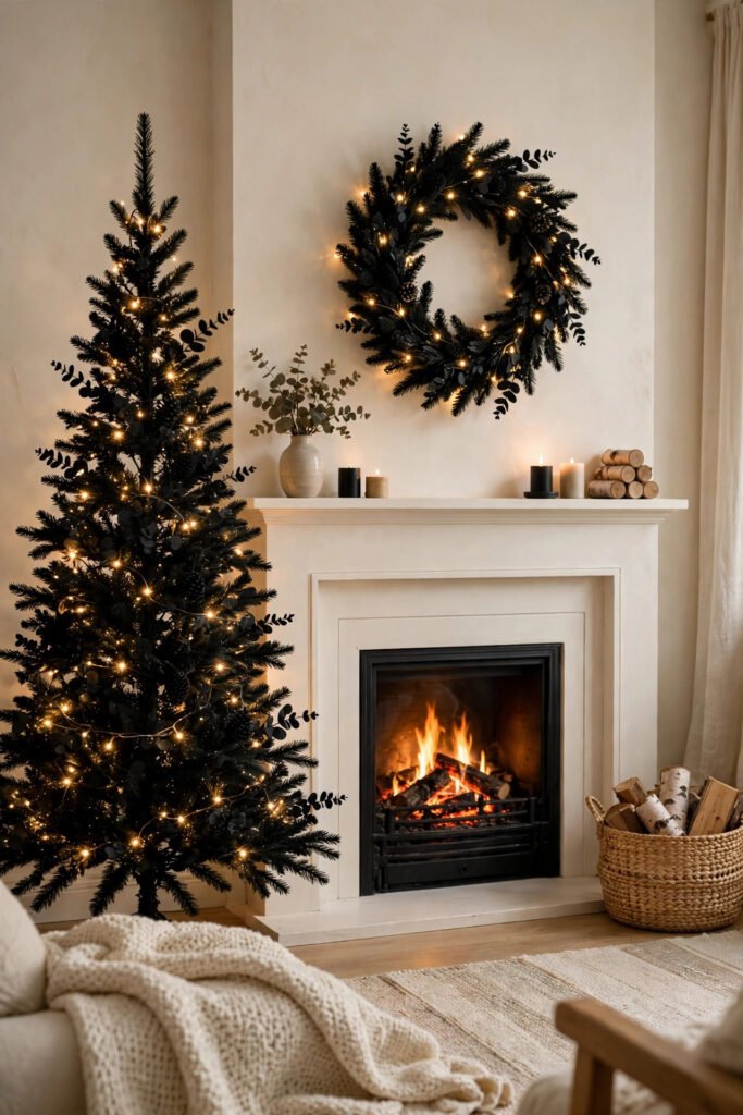 Slim pre-lit black Christmas tree beside a fireplace, matching black wreath with warm lights above the mantel, cream walls, white mantel, glowing fire