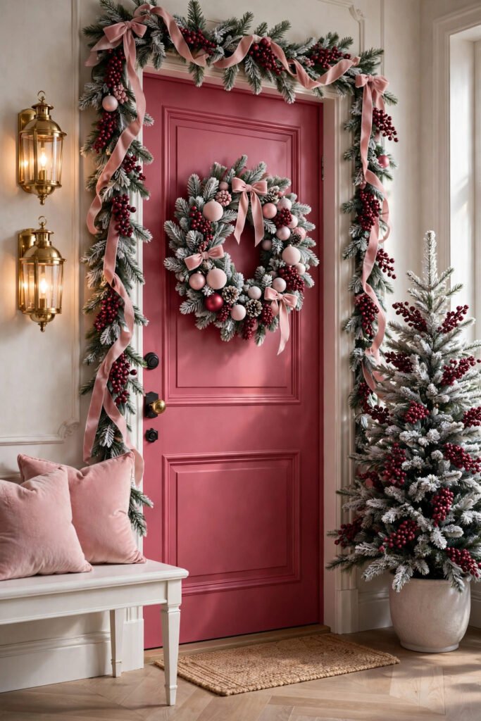 Raspberry-pink front door with a frosted Christmas wreath of blush and berry ornaments, matching garland with velvet ribbons, flocked tree with burgundy berries, pink velvet pillows on a white bench, brass lanterns