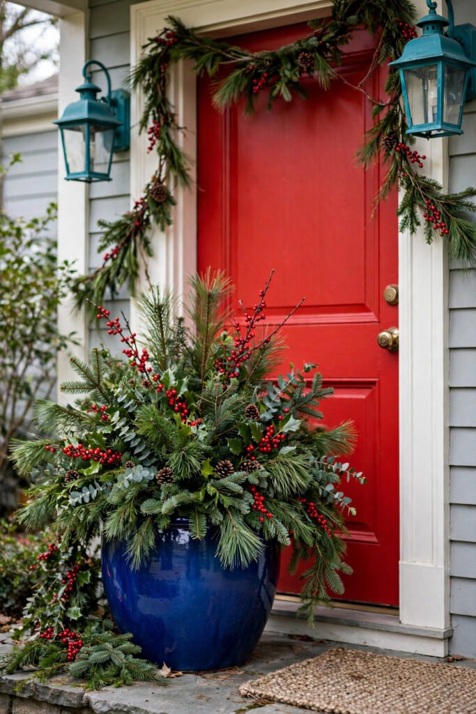 Glossy cobalt blue planter overflowing with pine, fir and red berry branches beside a bright red door, teal light fixtures, loose garland with berry picks