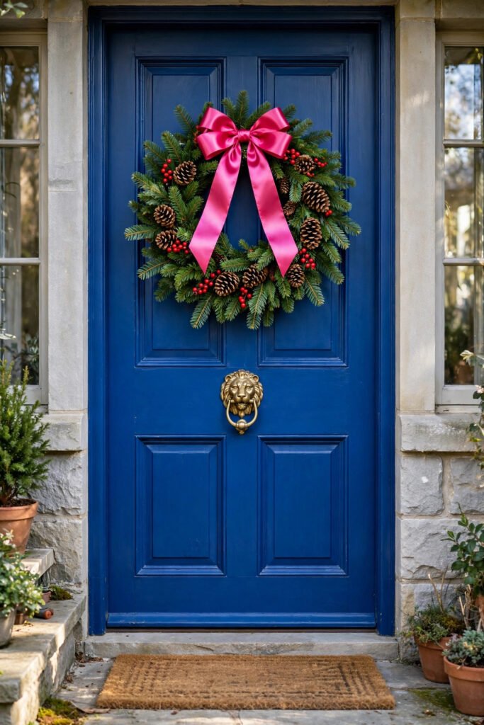 Cobalt blue front door with a fresh fir wreath, hot pink satin bow, pinecones and red berries, brass lion knocker in the center