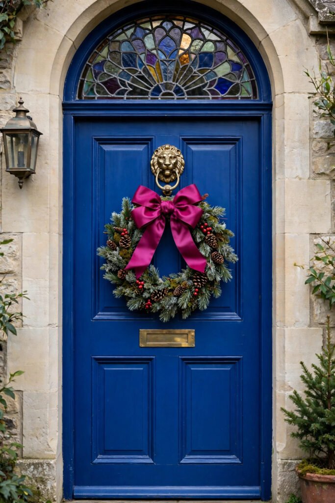 Cobalt blue door with classic wreath with pinecones and red berries and bold magenta satin bow, brass lion knocker, mail slot, stained-glass fanlight overhead