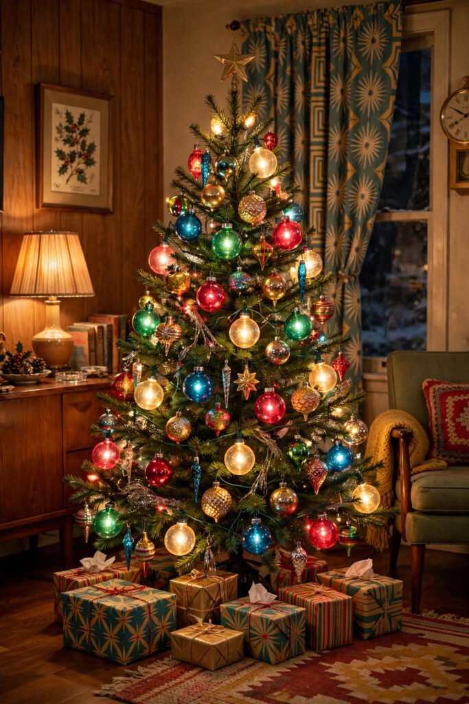 Vintage Christmas tree with glowing bubble lights in red, green, blue and gold and colorful glass ornaments