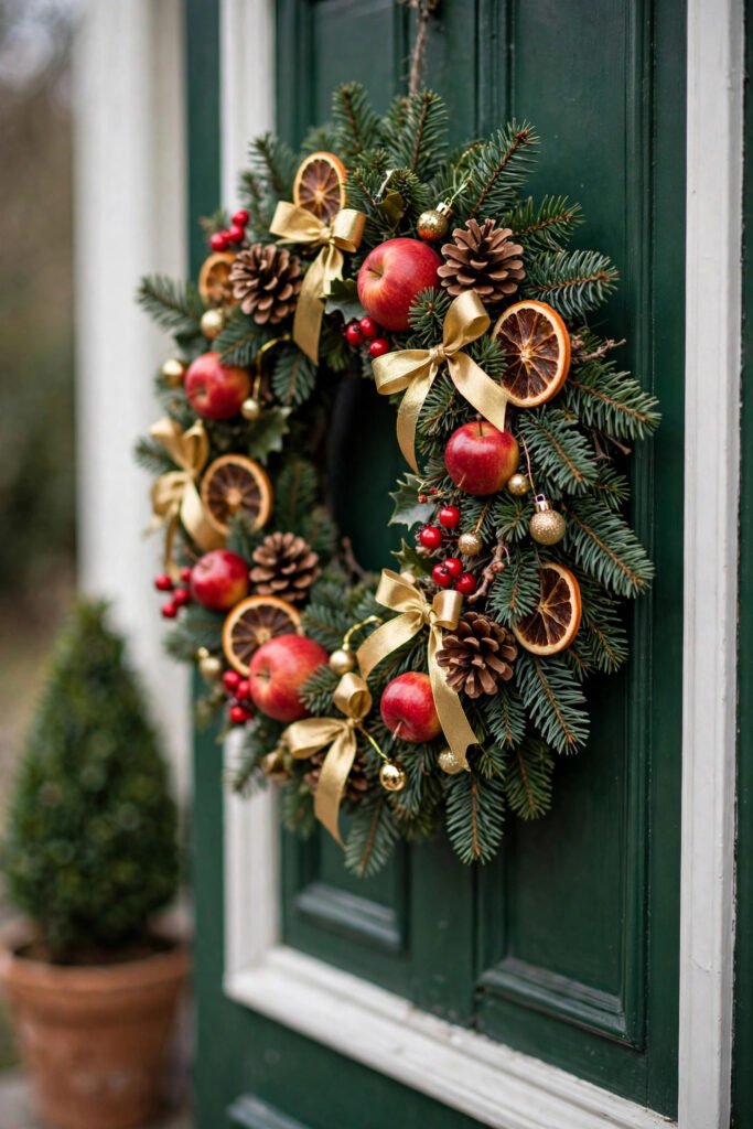 Christmas wreath with red apples, dried orange slices, pinecones, red berries and gold ornaments hanging on a deep green front door