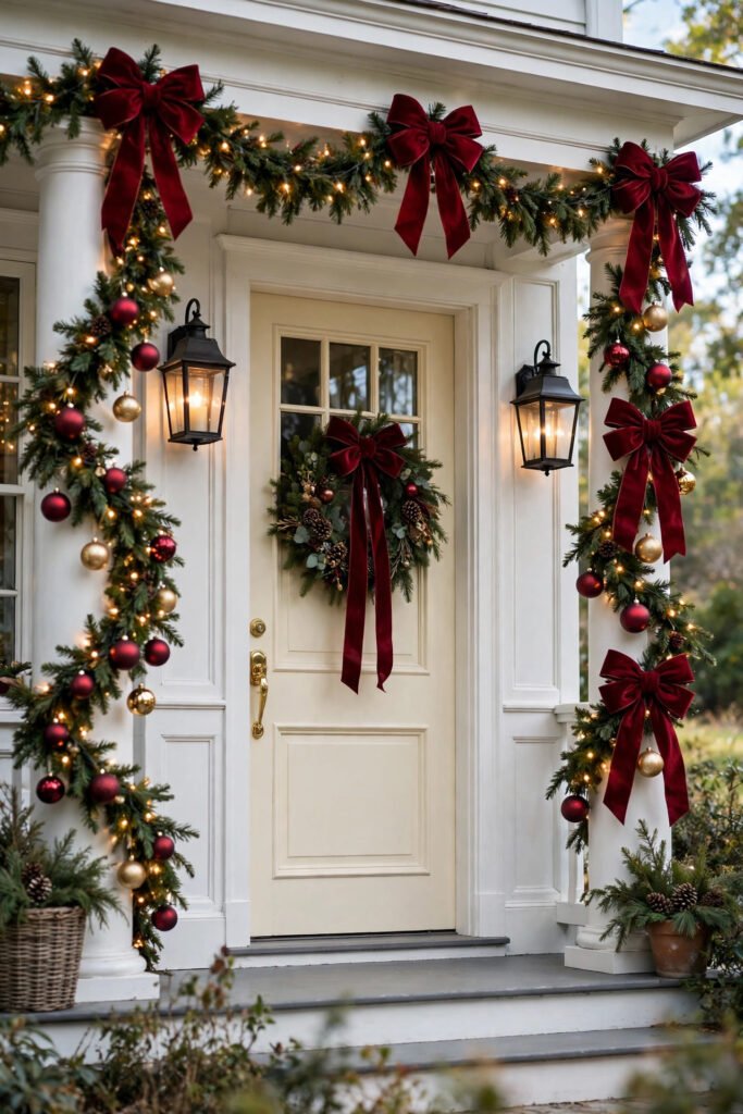 White porch with big burgundy velvet bows on lit garland across the top and down both columns, deep red and gold ornaments, wreath with burgundy velvet ribbon, cream door, warm lantern light