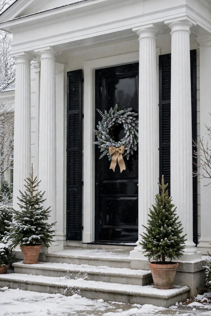 Snowy grand entrance with white columns and black shutters, glossy black door with a frosted Christmas wreath and tan burlap bow, two small trees in terracotta pots