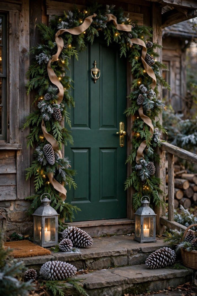 Lit cedar and pine Christmas garland with wide burlap ribbon woven through and frosted pinecones framing a deep green front door