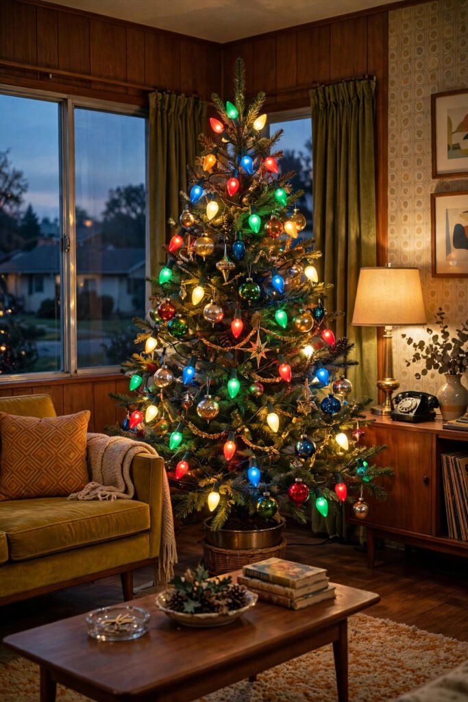 Vintage Christmas tree lit with big multicolor C9 Christmas lights in red, green, blue and gold
