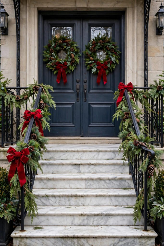 Marble steps with black iron railings wrapped in loose cedar and pine garland with pinecones and big red bows, double doors with matching wreaths