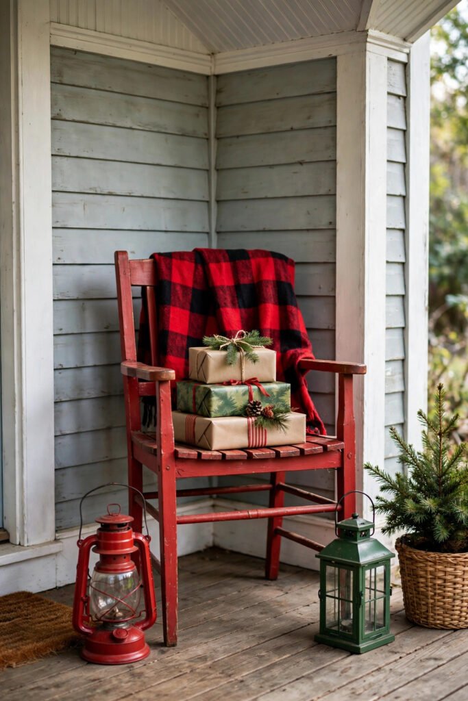 Small porch corner with a red wooden chair with a red plaid blanket over the back and a stack of wrapped gifts on the seat, red and green lanterns at its feet
