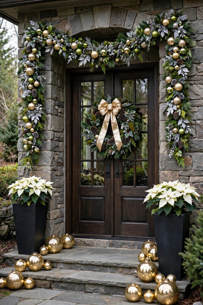 Stone porch with garland of silver, champagne and green ornaments, gold mercury glass spheres along the floor, white poinsettias in tall black planters, pinecone wreath with a champagne bow on double doors