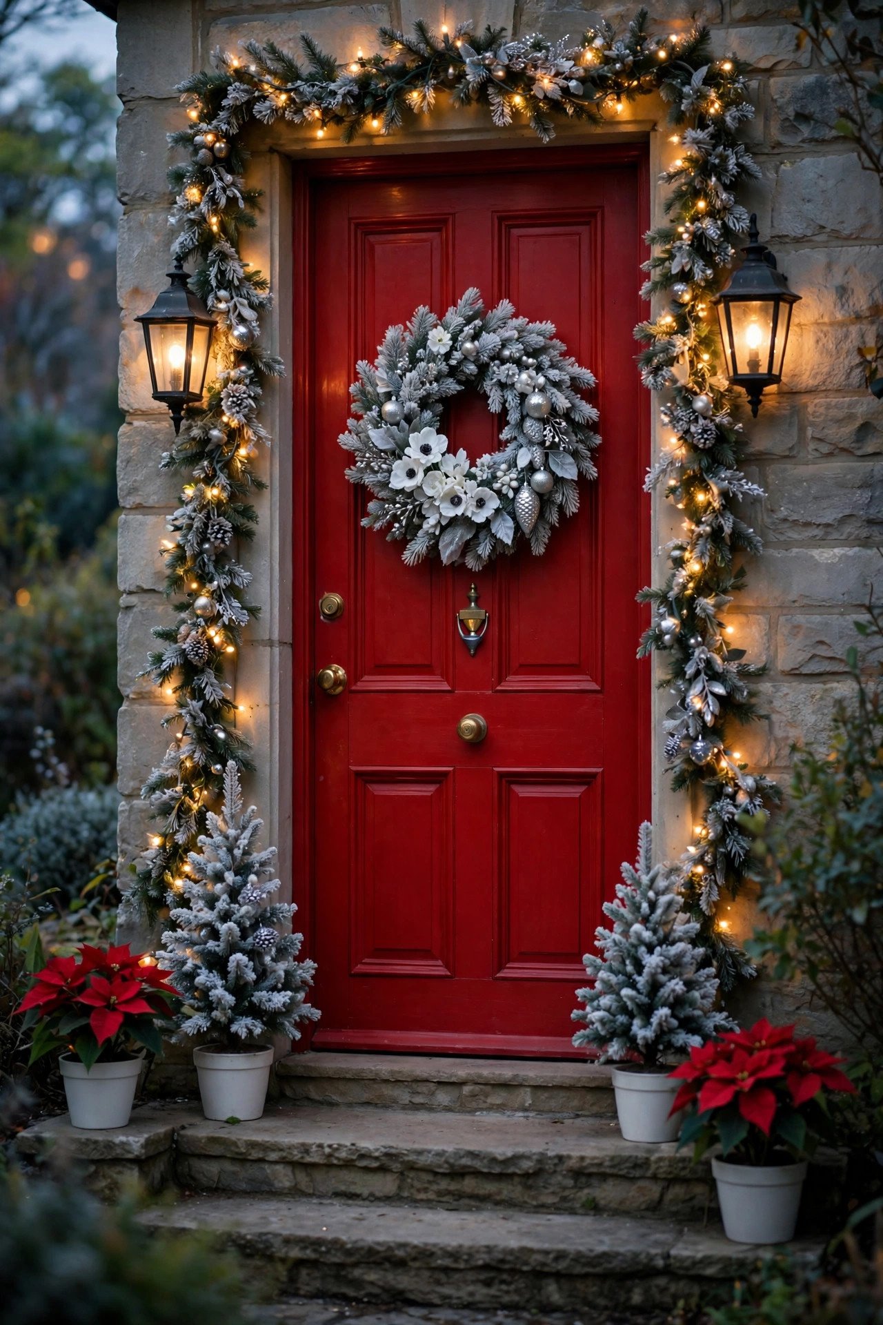 Bold red front door with a frosted wreath of silver ornaments and white flowers in the center, lit garland framing the door, flocked mini trees and red poinsettias in white pots on the steps, warm lantern glow at dusk