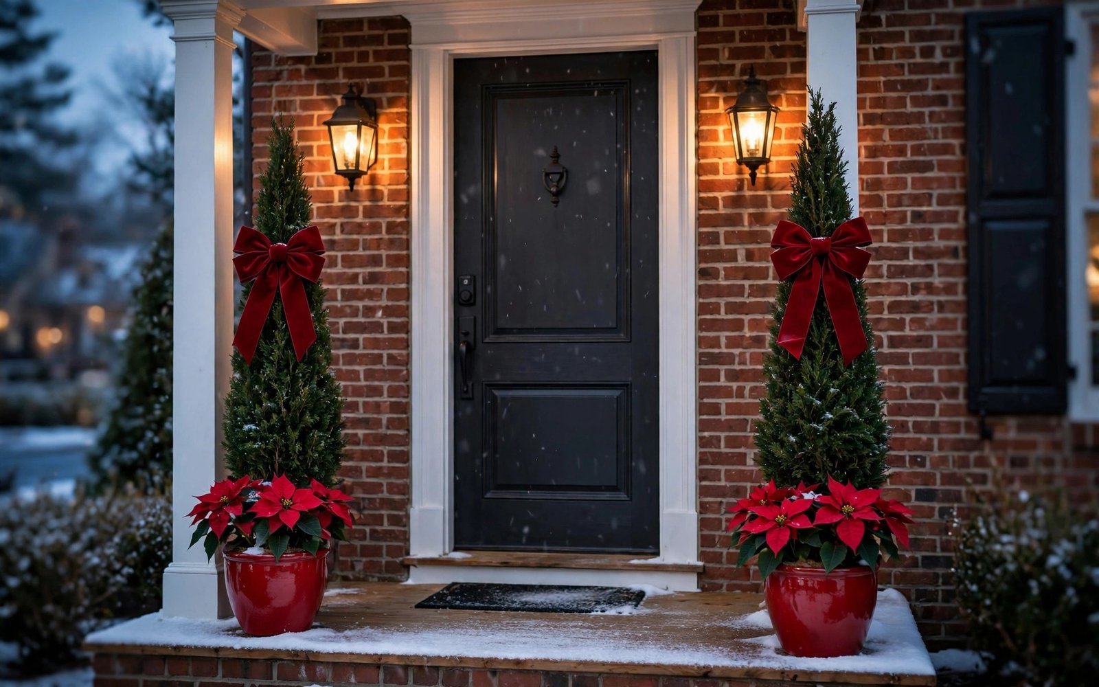 Brick colonial front porch at dusk with two slim evergreen topiaries with big red velvet bows flanking a charcoal door, red poinsettias in glossy red pots, warm lantern glow, light dusting of snow