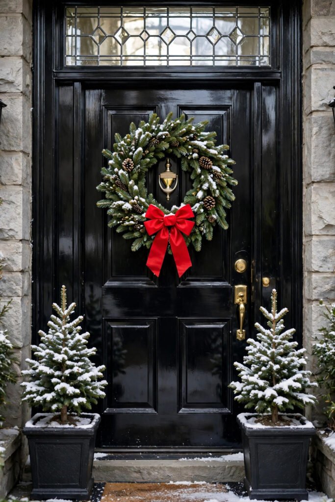 Full fresh fir wreath with a bright red bow on a glossy black front door with brass hardware and a leaded glass transom, two snow-dusted mini trees in black planters