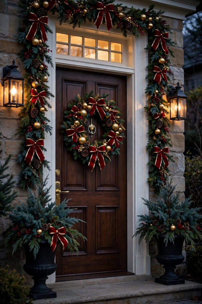 Dark brown door with white trim, garland and wreath with red velvet bows with gold edges, gold ornaments and red berries, blue-green junipers in black urns