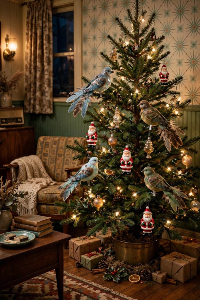 Vintage Christmas tree with clip-on glass birds with feathered tails and small glass Santa ornaments