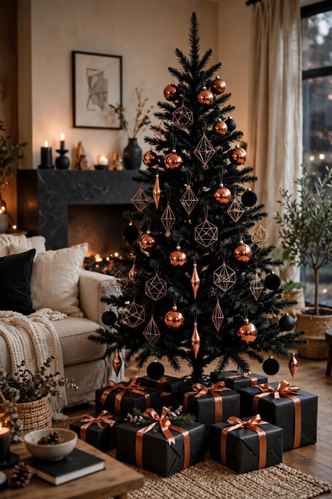 Black Christmas tree with shiny copper balls, open geometric wire ornaments, copper drops, matte black balls, gifts wrapped in black paper with copper satin ribbon