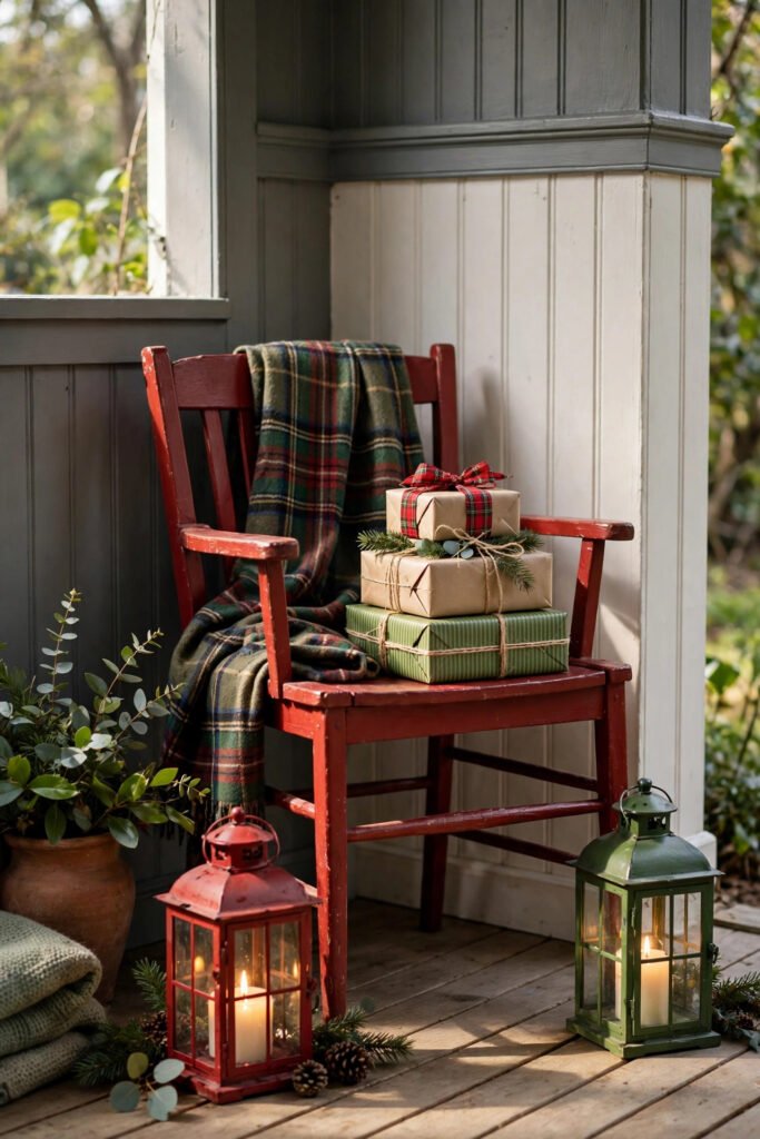 Porch corner with a red painted chair holding a plaid throw and a stack of wrapped gifts, red and green lanterns with candles at its feet