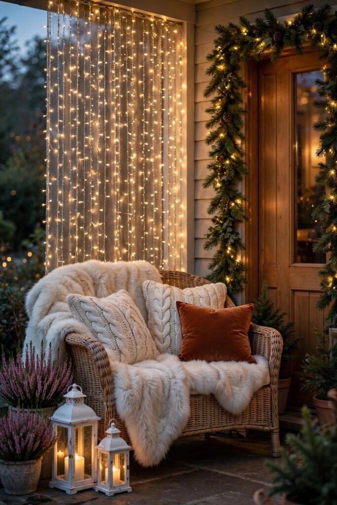 Porch wicker loveseat with a faux fur throw, knit pillows and rust velvet cushion, glowing curtain fairy lights on the wall behind, white lanterns, potted heather and lit garland around a wood door