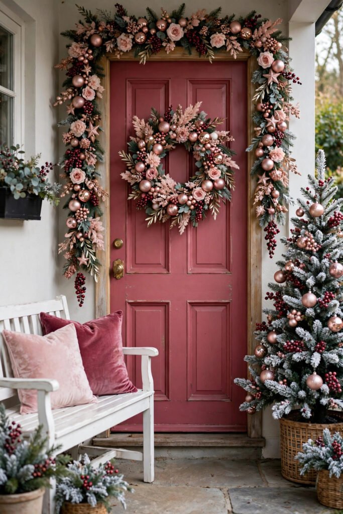 Raspberry door with garland and wreath of blush, rose gold and berry ornaments, white bench with velvet pillows, flocked tree with berry baubles
