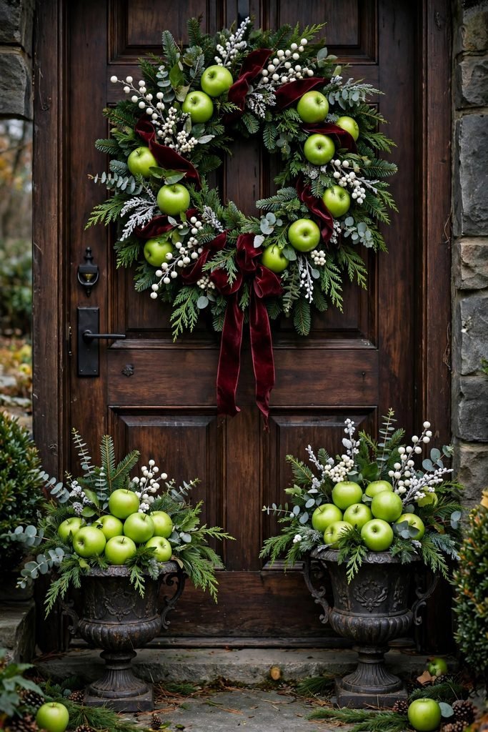 Christmas door wreath and iron urns decorated with fresh green apples, burgundy velvet ribbon and white berry sprigs on a dark wooden door