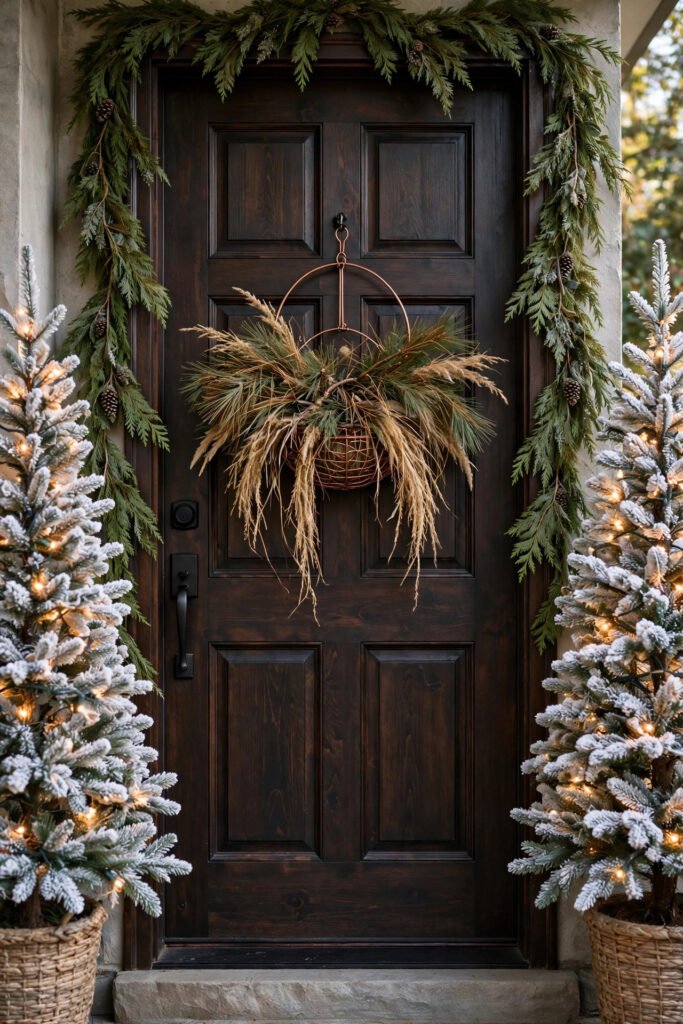 Dark stained front door holding a copper wire basket filled with long pine needles and dried golden grasses, cedar garland around the frame, two flocked trees with warm lights