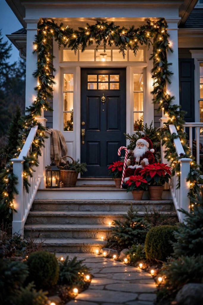 White porch stair railings wrapped in full pine Christmas garland with warm lights, garland across the transom above the door, velvet Santa figure, red poinsettias and candy cane