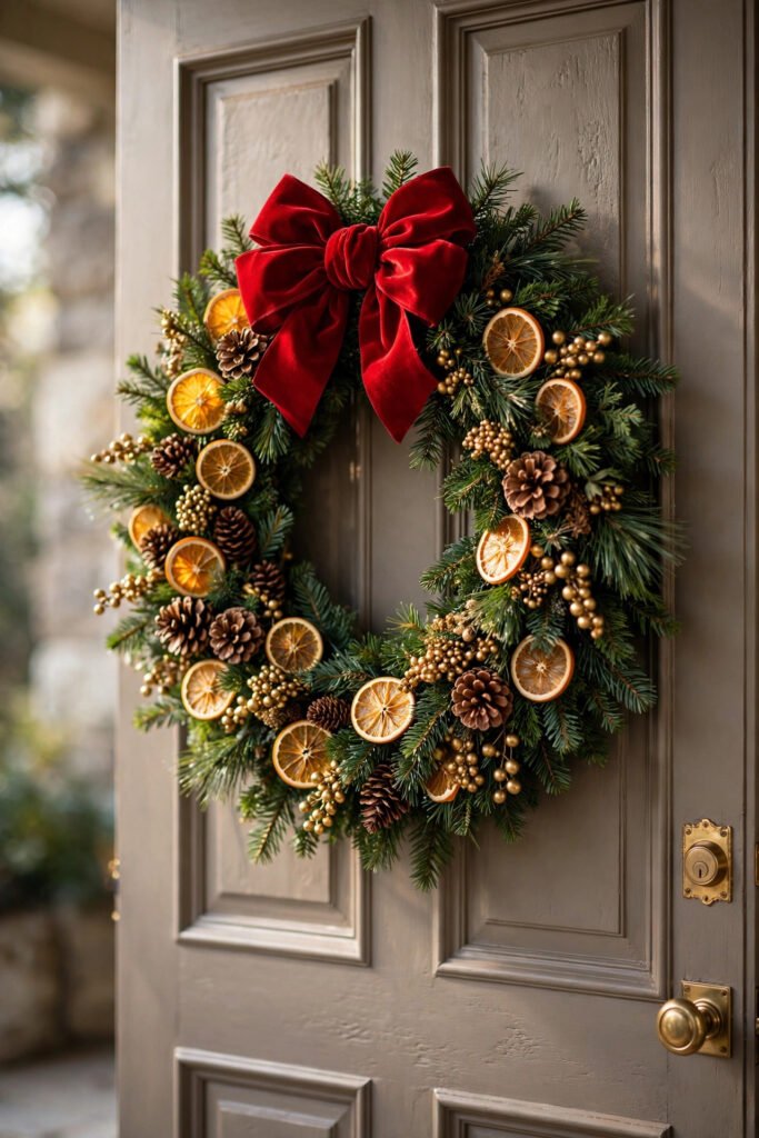 Taupe front door with a full pine Christmas wreath dotted with dried orange slices, pinecones and golden berries, topped with a red velvet bow